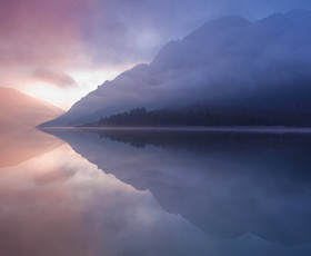 Природа, утро, туман, озеро, горы, водоем, утро, восход сольнца